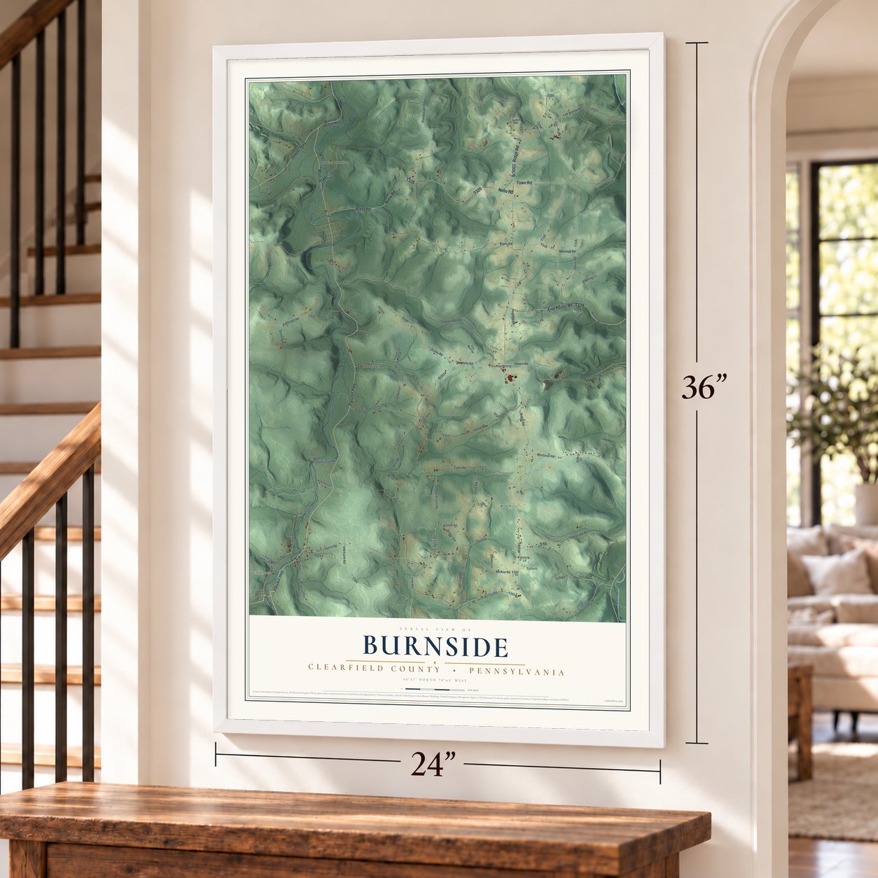 Burnside, Clearfield County, Pennsylvania map, 24 x 36 inch print in a white frame by a staircase