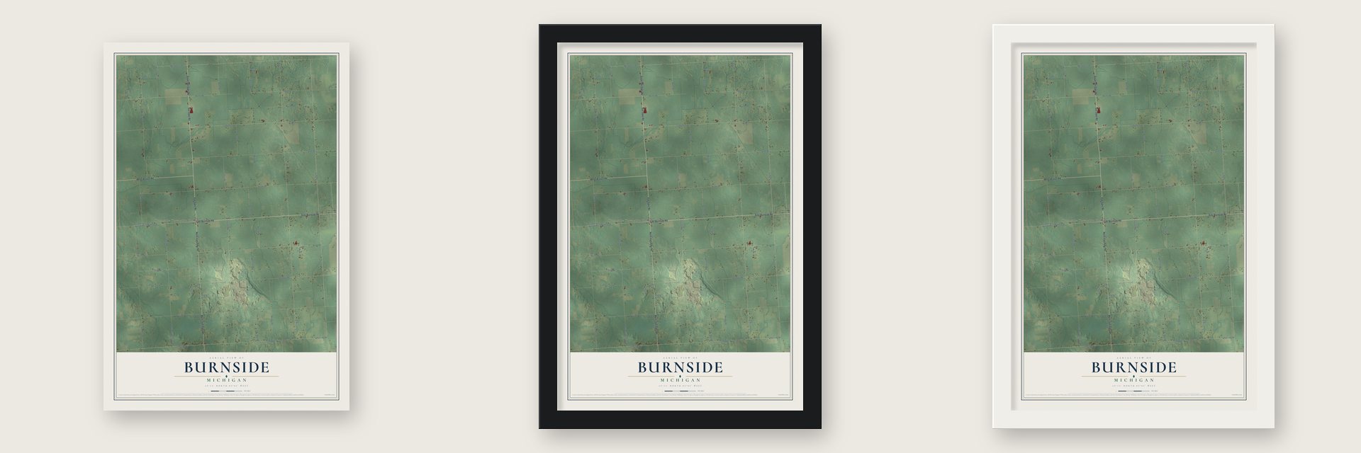 Burnside, Michigan map unframed, in a black wood frame and in a white wood frame