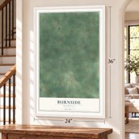 Burnside, Michigan map, 24 x 36 inch print in a white frame by a staircase
