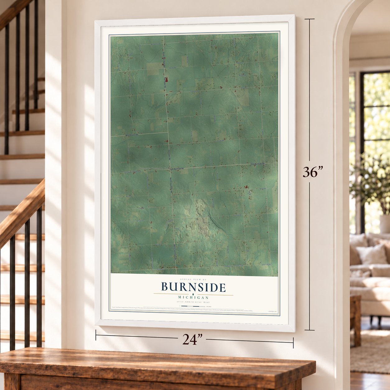 Burnside, Michigan map, 24 x 36 inch print in a white frame by a staircase
