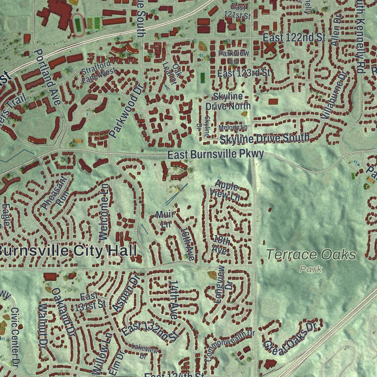 Second close-up of the map of Burnsville, Minnesota print showing more streets and buildings