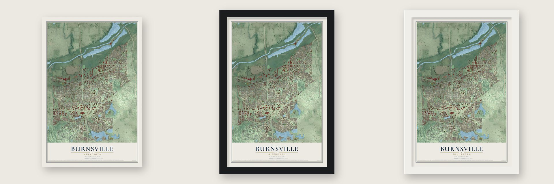 Burnsville, Minnesota map unframed, in a black wood frame and in a white wood frame