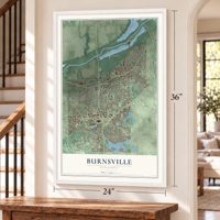 Burnsville, Minnesota map, 24 x 36 inch print in a white frame by a staircase