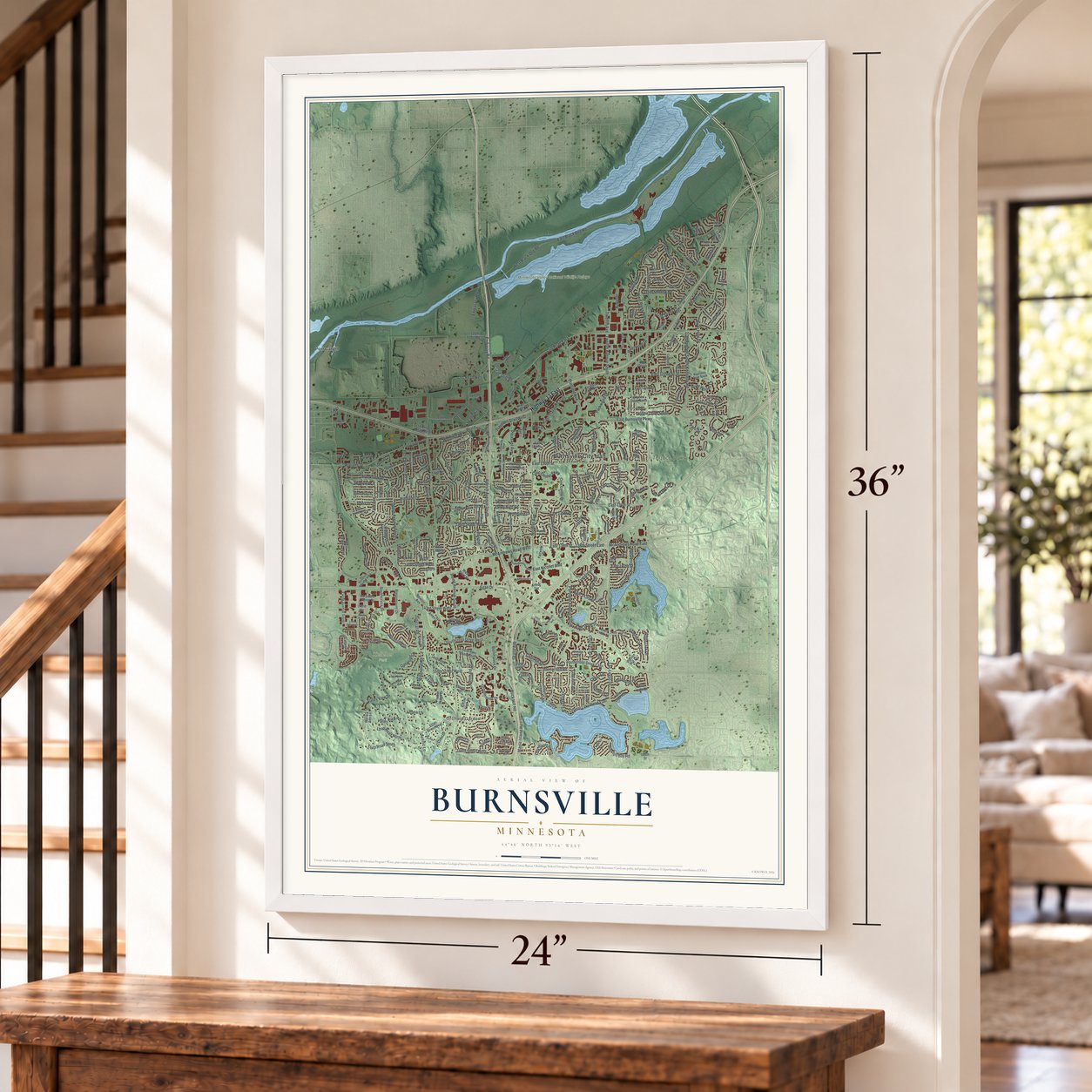 Burnsville, Minnesota map, 24 x 36 inch print in a white frame by a staircase