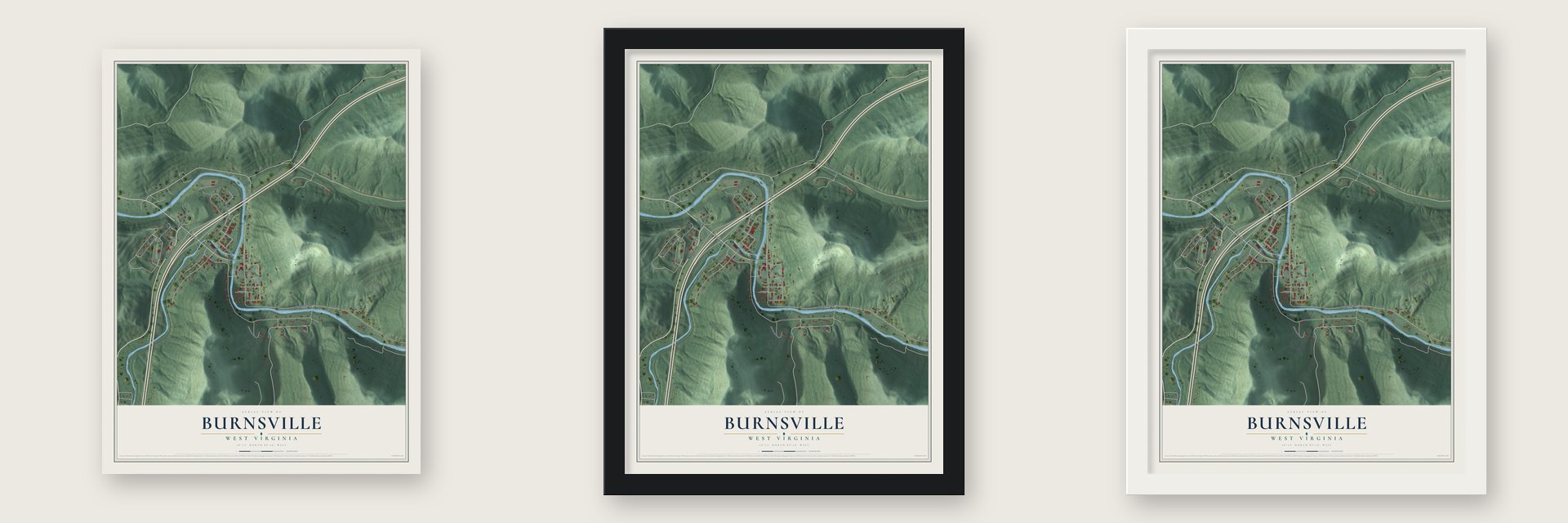 Burnsville, West Virginia map unframed, in a black wood frame and in a white wood frame