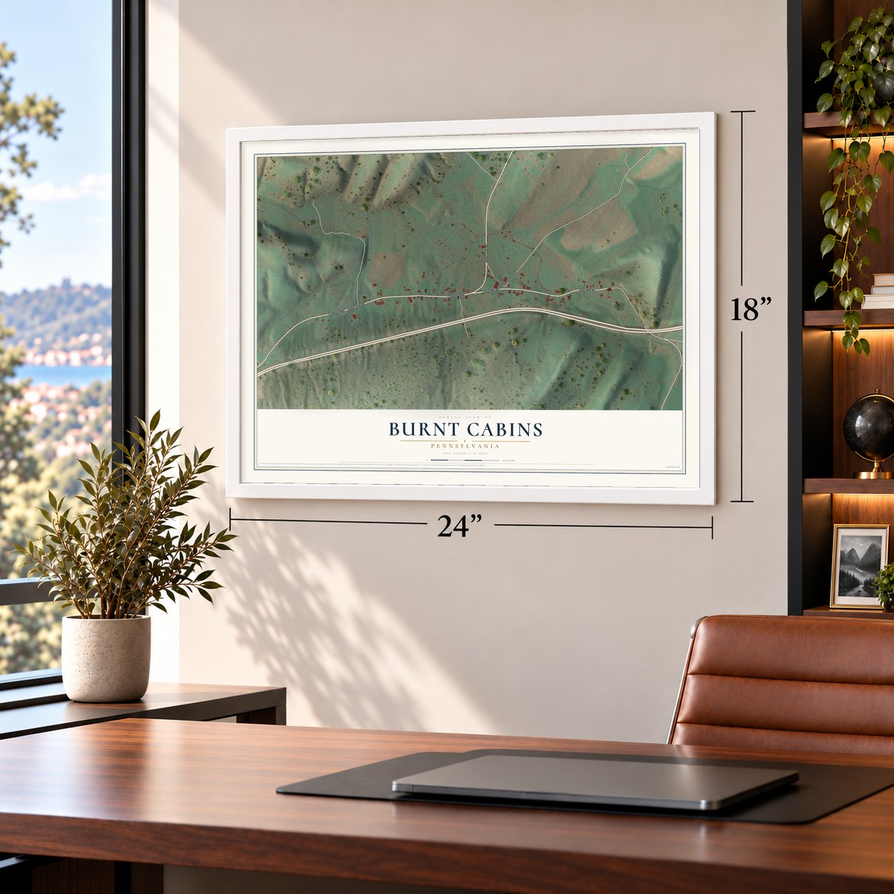Burnt Cabins, Pennsylvania map, 18 x 24 inch print in a white frame in a home office