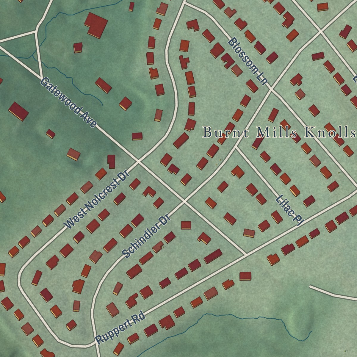 Second close-up of the map of Burnt Mills, Maryland print showing more streets and buildings