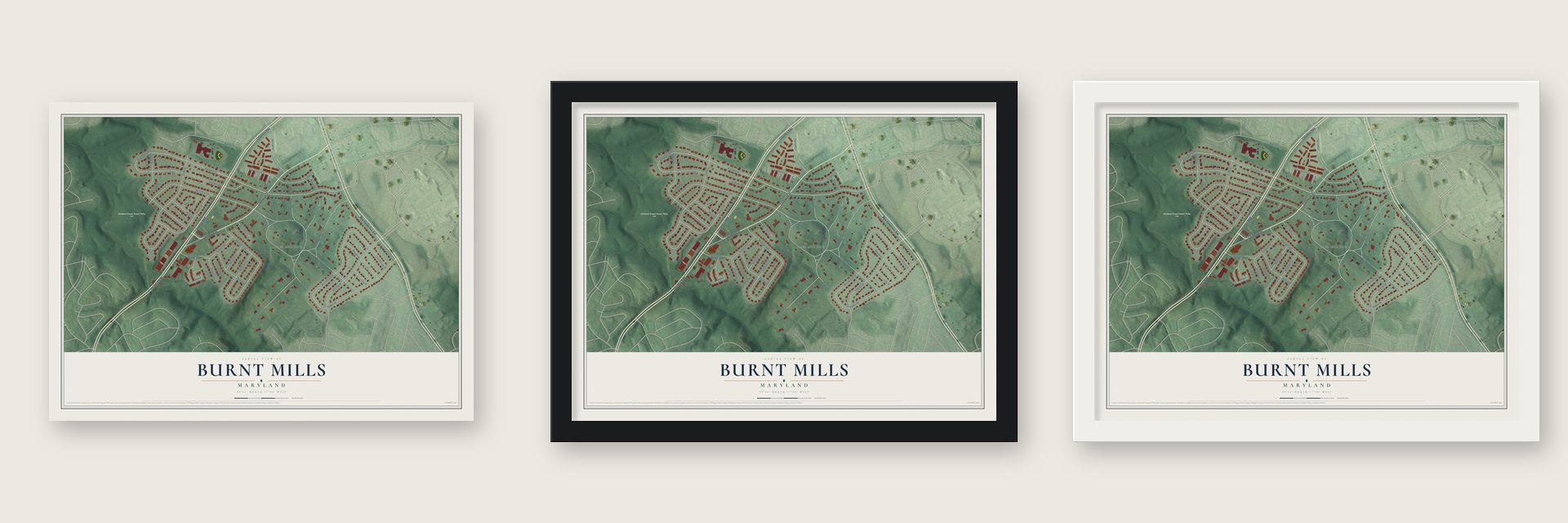 Burnt Mills, Maryland map unframed, in a black wood frame and in a white wood frame