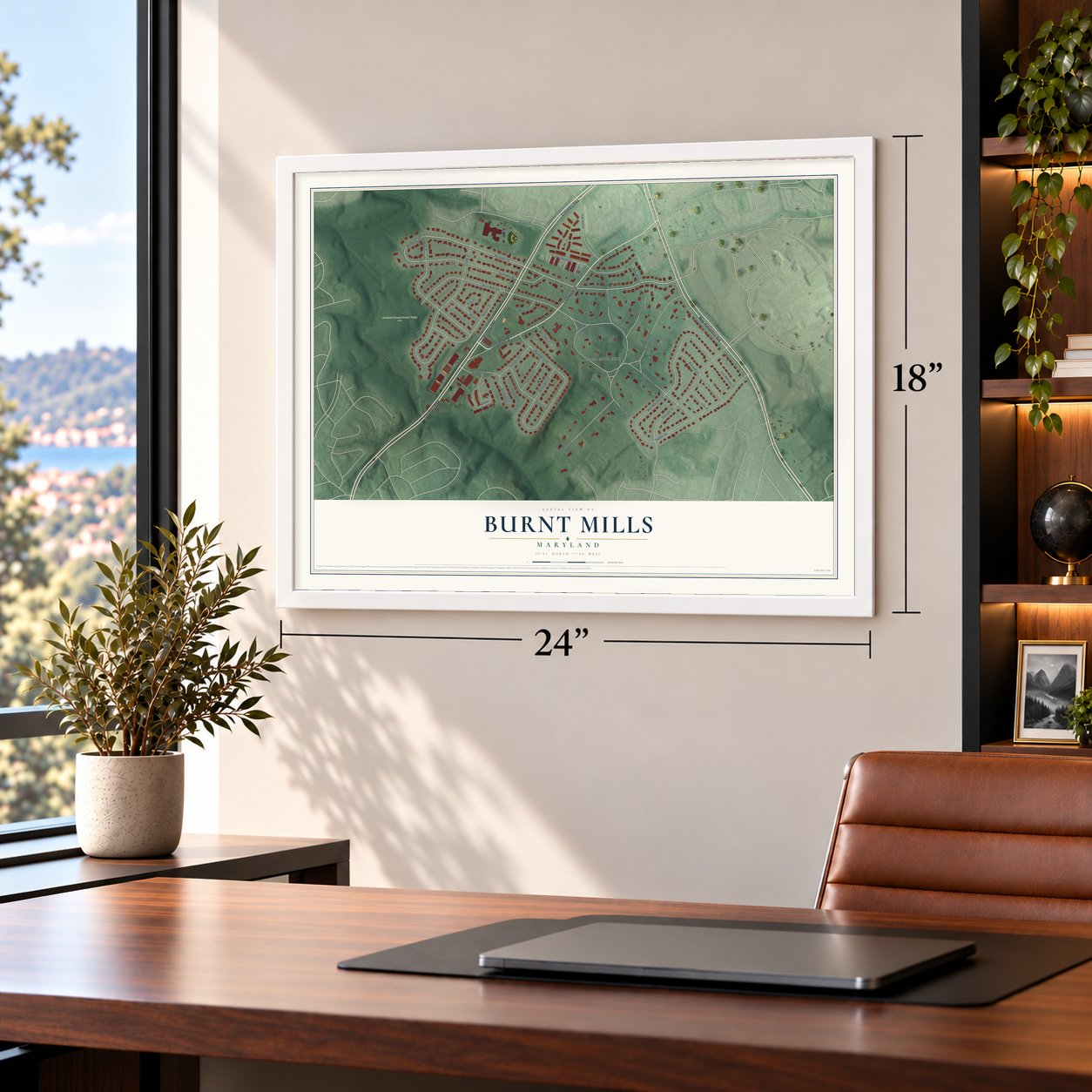Burnt Mills, Maryland map, 18 x 24 inch print in a white frame in a home office