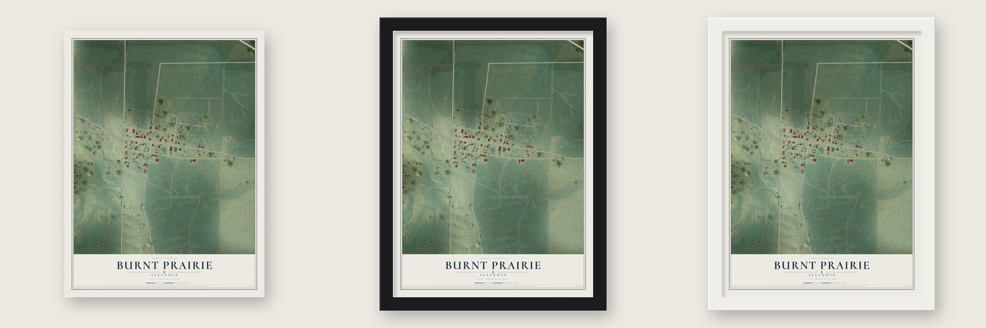 Burnt Prairie, Illinois map unframed, in a black wood frame and in a white wood frame