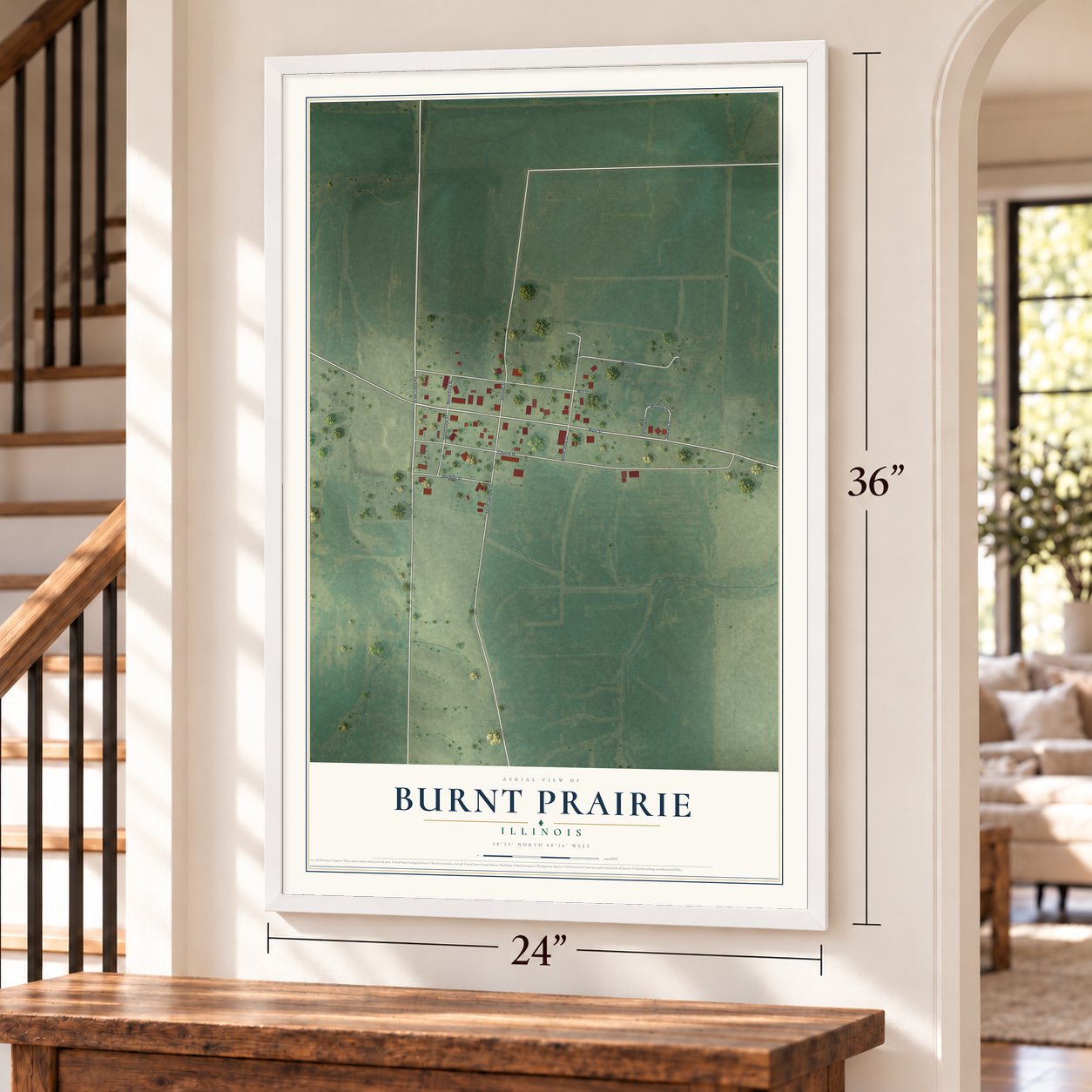Burnt Prairie, Illinois map, 24 x 36 inch print in a white frame by a staircase