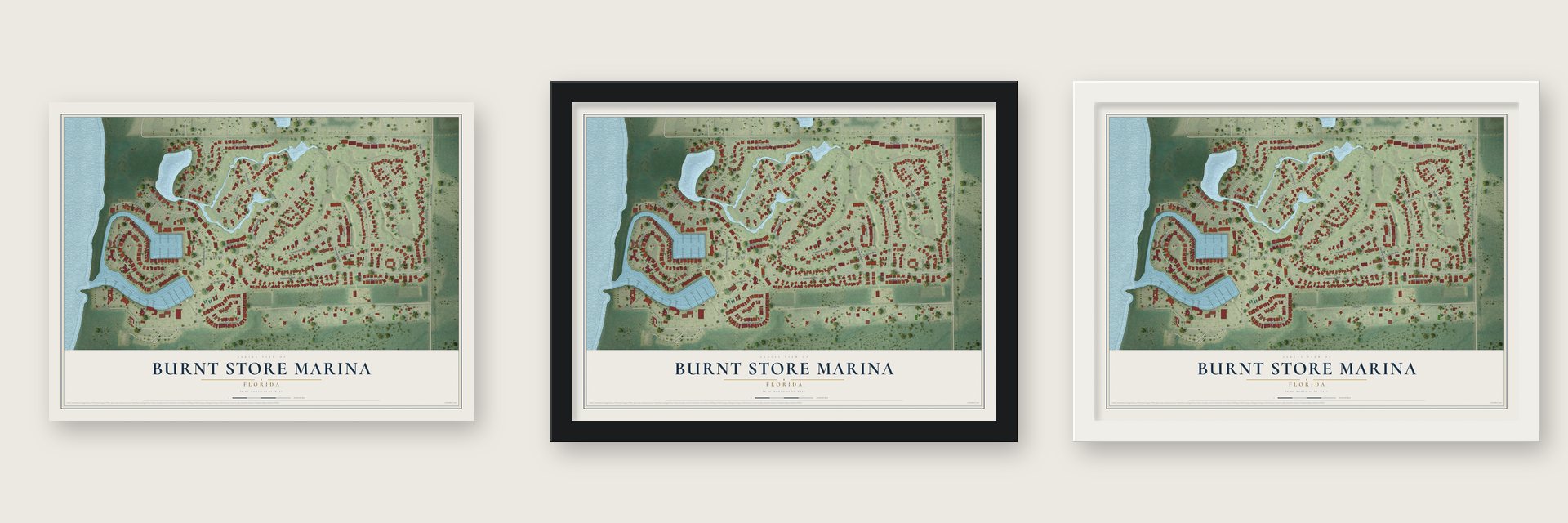 Burnt Store Marina, Florida map unframed, in a black wood frame and in a white wood frame