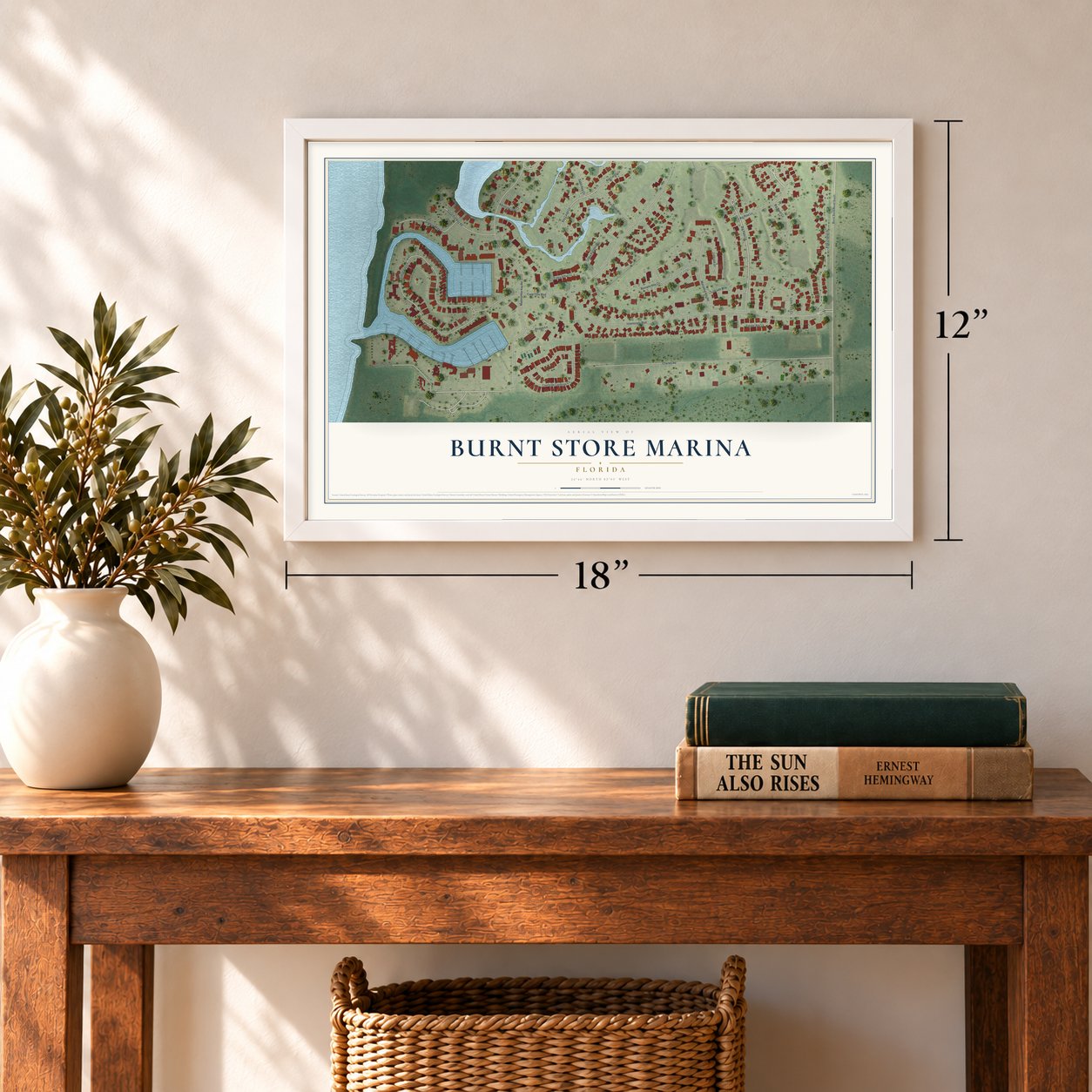Burnt Store Marina, Florida map, 12 x 18 inch print in a white frame in an entryway