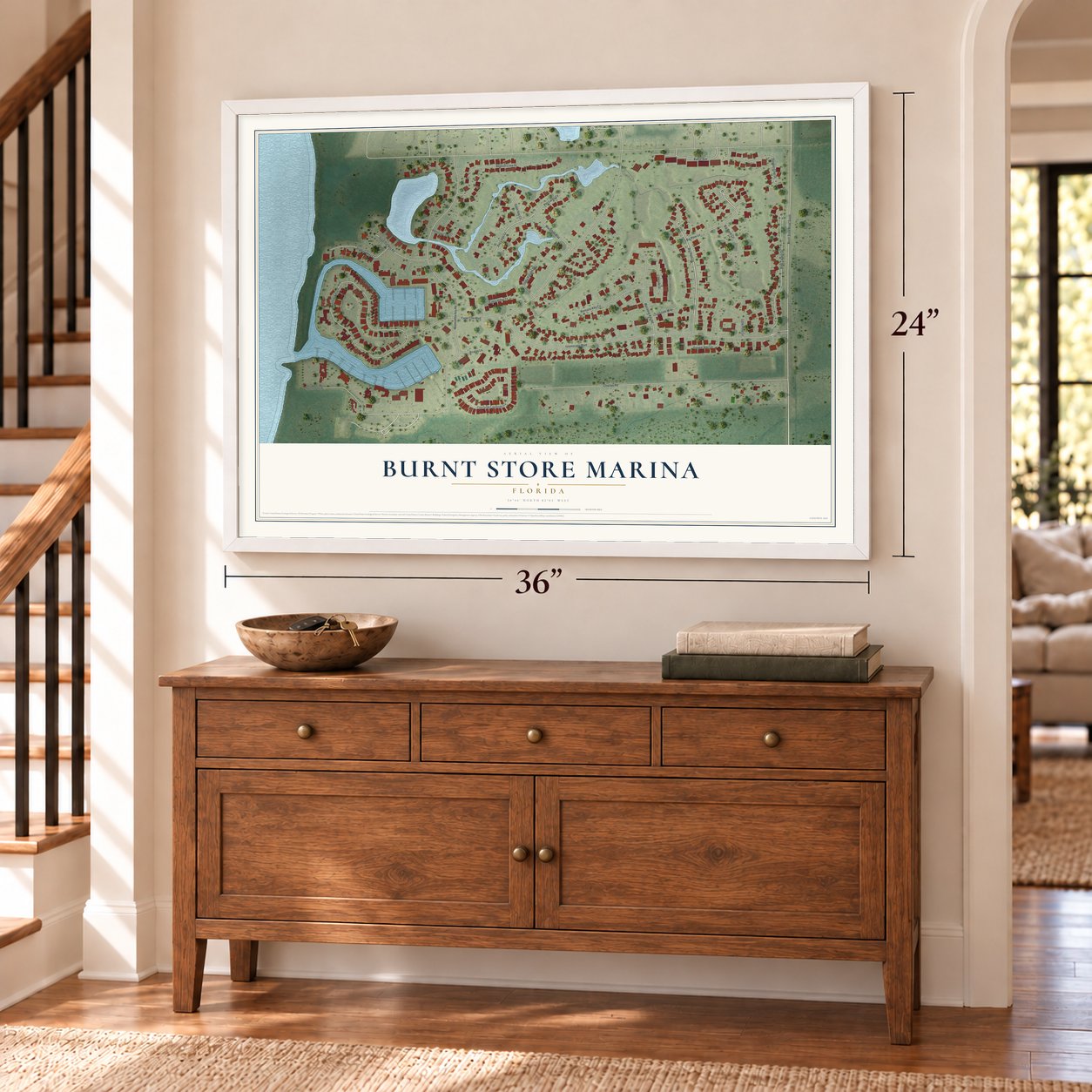 Burnt Store Marina, Florida map, 24 x 36 inch print in a white frame above a dresser by a staircase