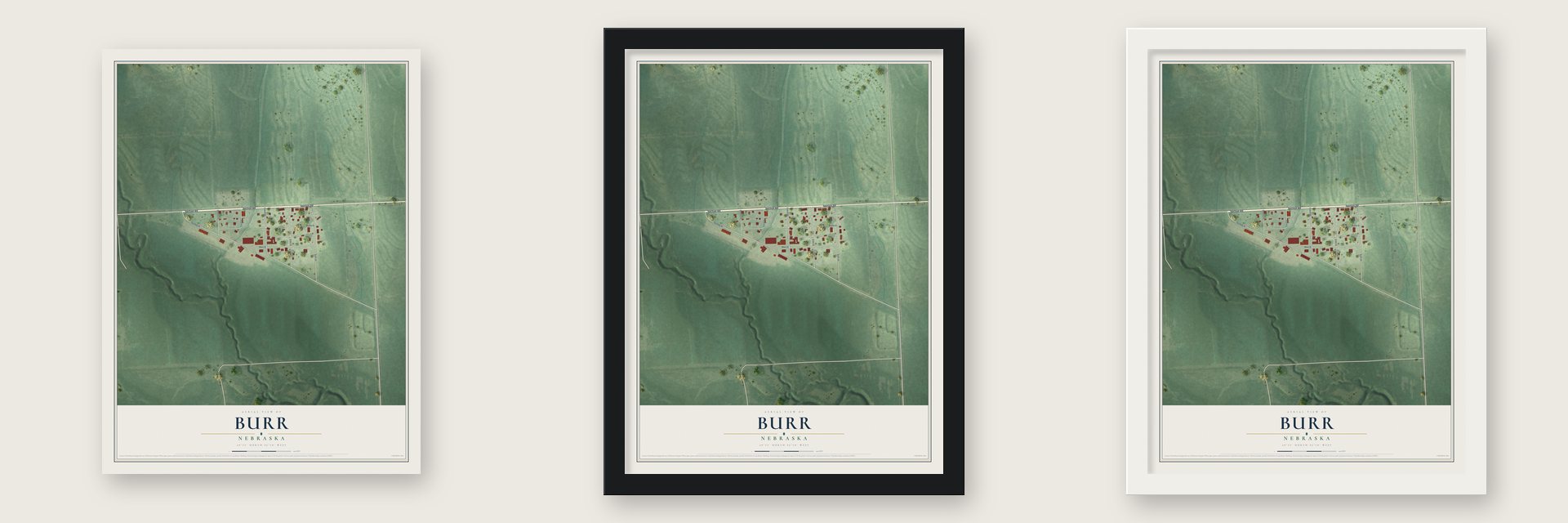 Burr, Nebraska map unframed, in a black wood frame and in a white wood frame