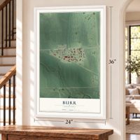 Burr, Nebraska map, 24 x 36 inch print in a white frame by a staircase