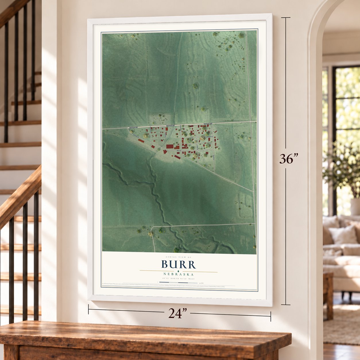 Burr, Nebraska map, 24 x 36 inch print in a white frame by a staircase