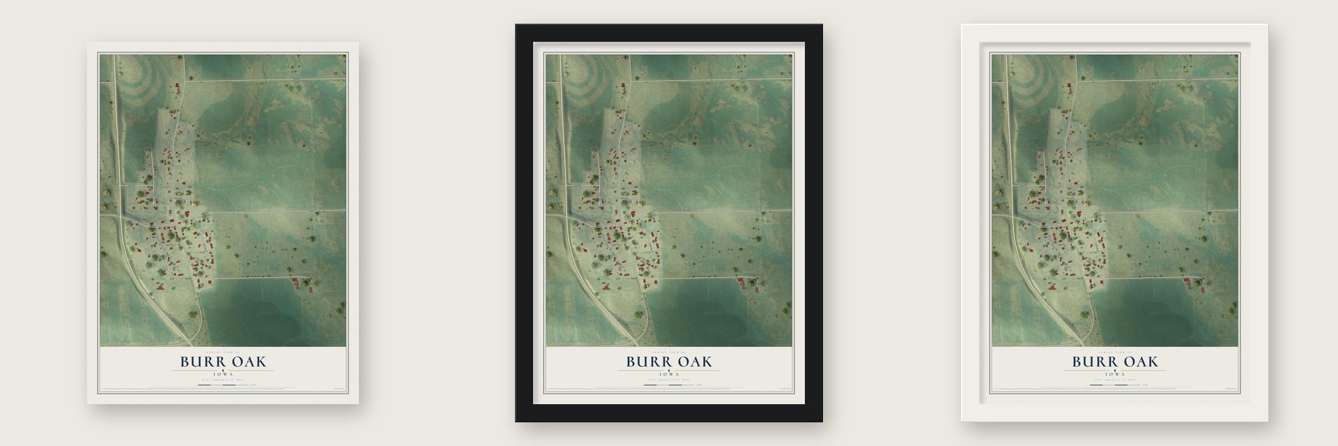 Burr Oak, Iowa map unframed, in a black wood frame and in a white wood frame