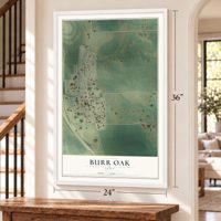 Burr Oak, Iowa map, 24 x 36 inch print in a white frame by a staircase