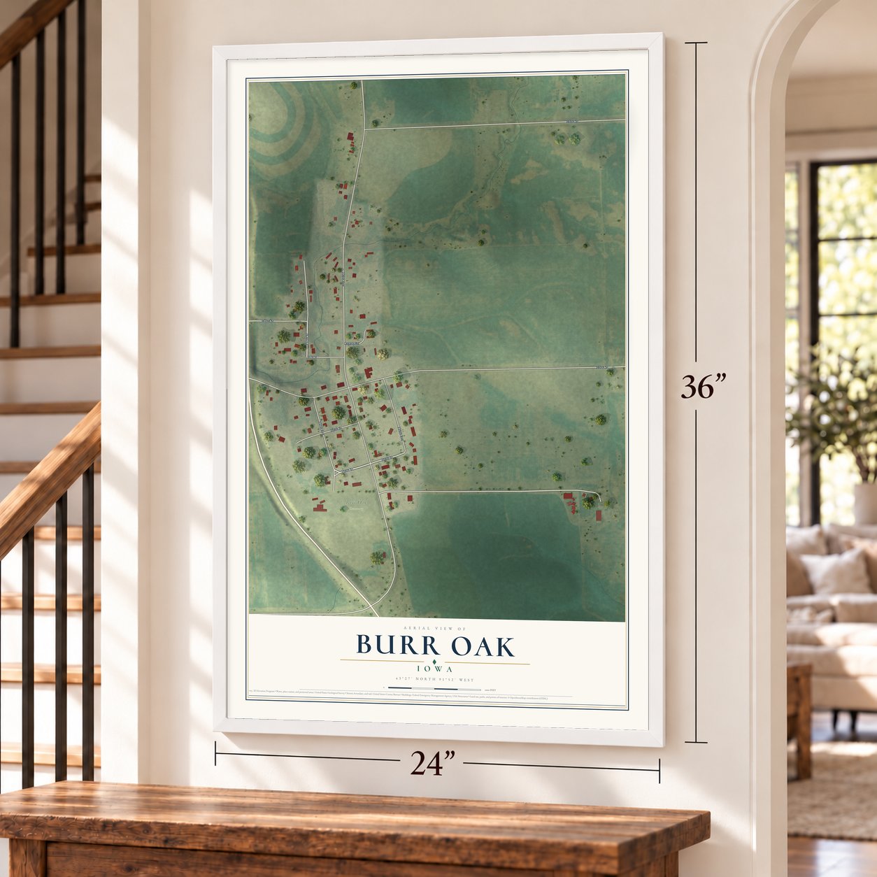 Burr Oak, Iowa map, 24 x 36 inch print in a white frame by a staircase