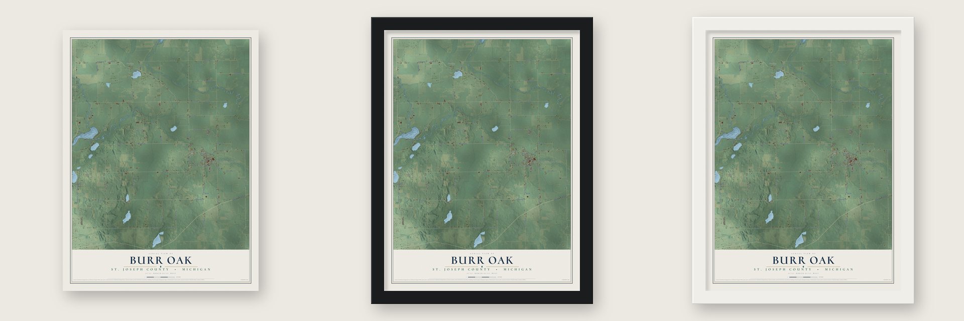 Burr Oak, St. Joseph County, Michigan map unframed, in a black wood frame and in a white wood frame