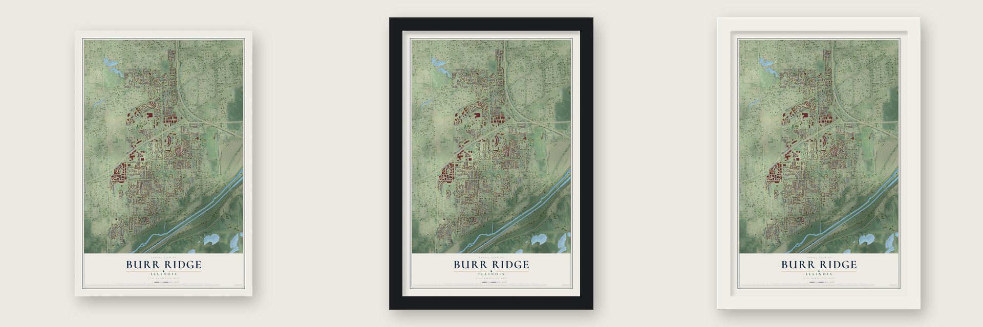 Burr Ridge, Illinois map unframed, in a black wood frame and in a white wood frame