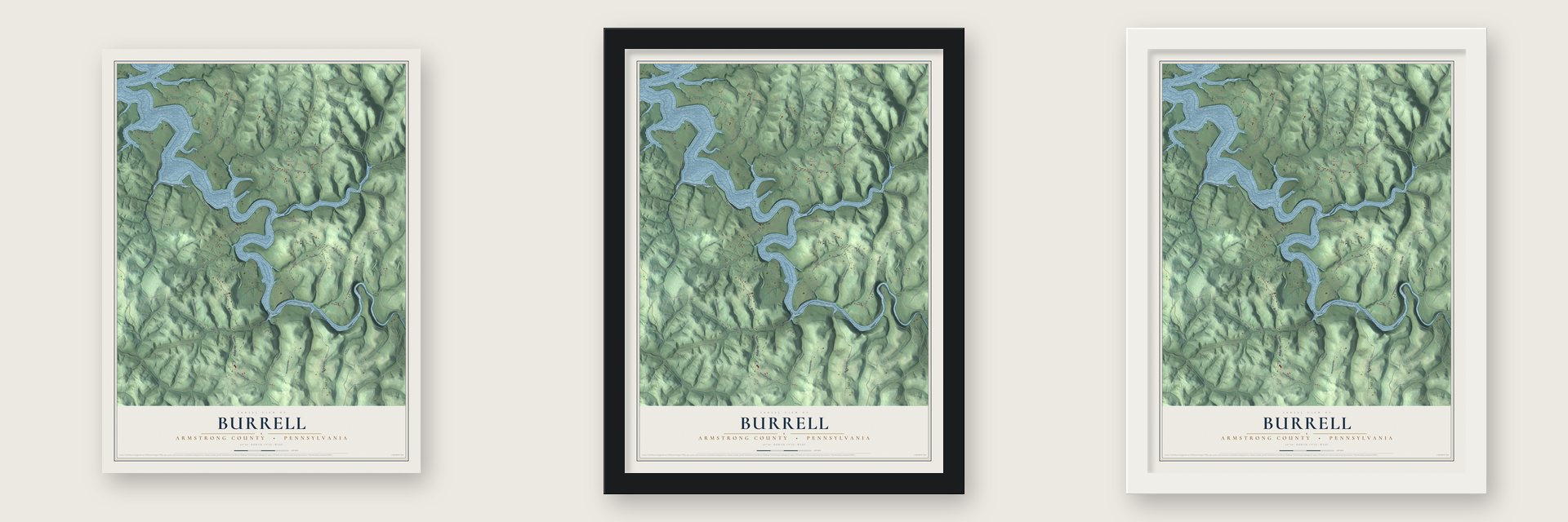 Burrell, Armstrong County, Pennsylvania map unframed, in a black wood frame and in a white wood frame