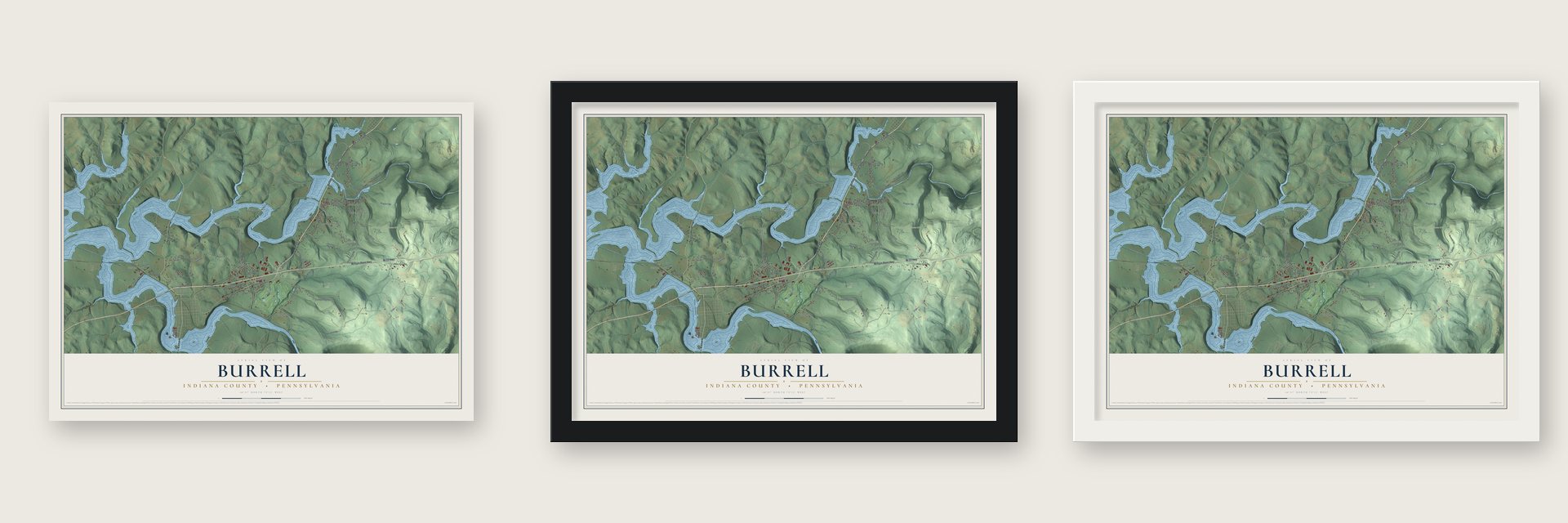 Burrell, Indiana County, Pennsylvania map unframed, in a black wood frame and in a white wood frame
