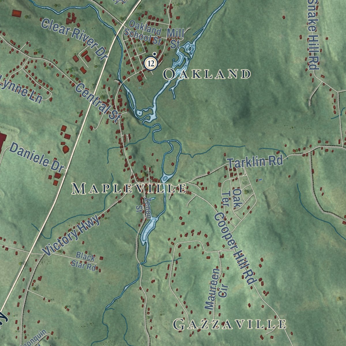 Second close-up of the map of Burrillville, Rhode Island print showing more streets and buildings
