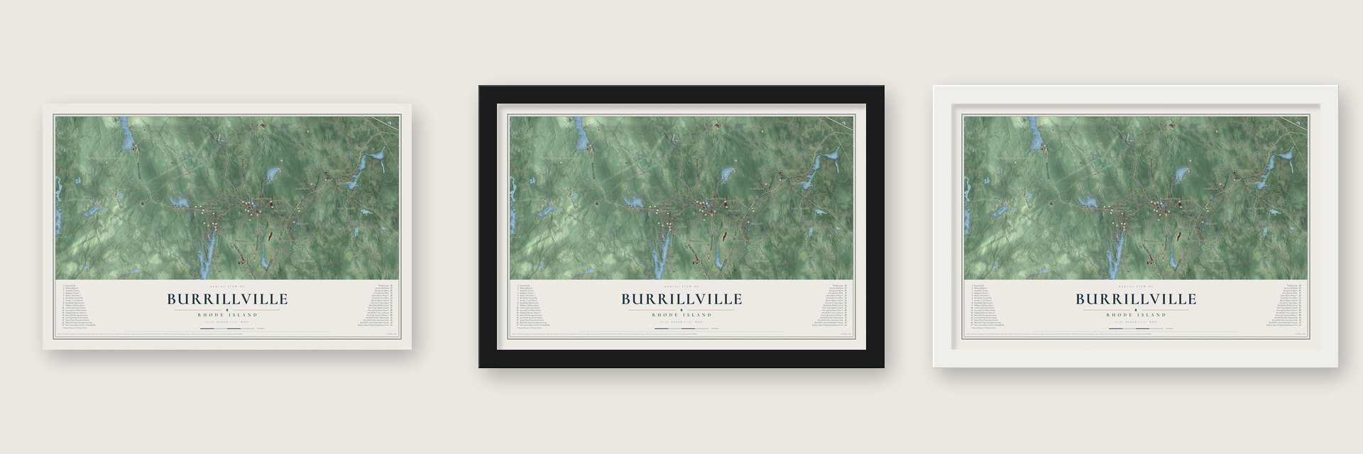 Burrillville, Rhode Island map unframed, in a black wood frame and in a white wood frame