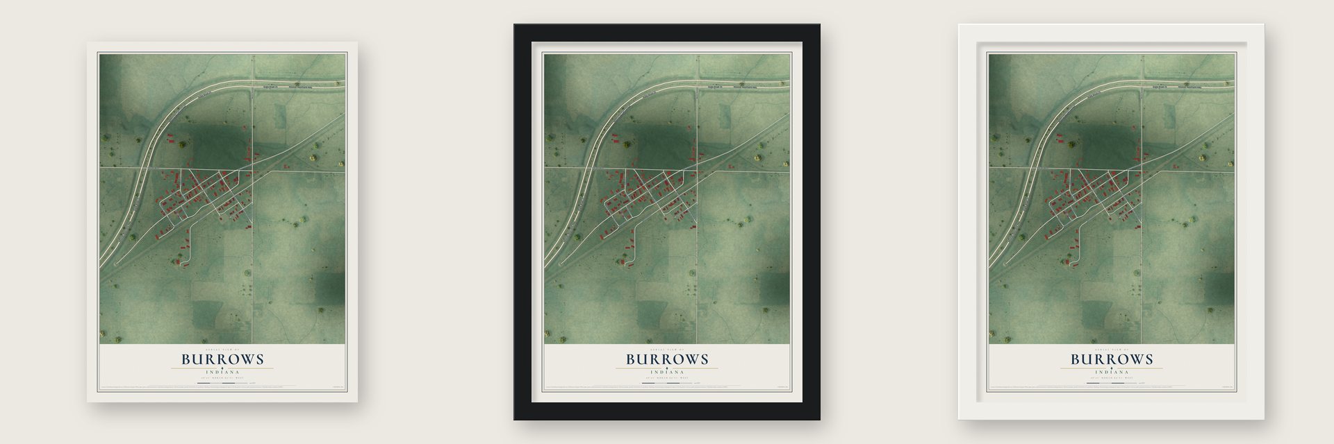 Burrows, Indiana map unframed, in a black wood frame and in a white wood frame