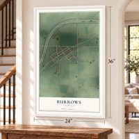 Burrows, Indiana map, 24 x 36 inch print in a white frame by a staircase