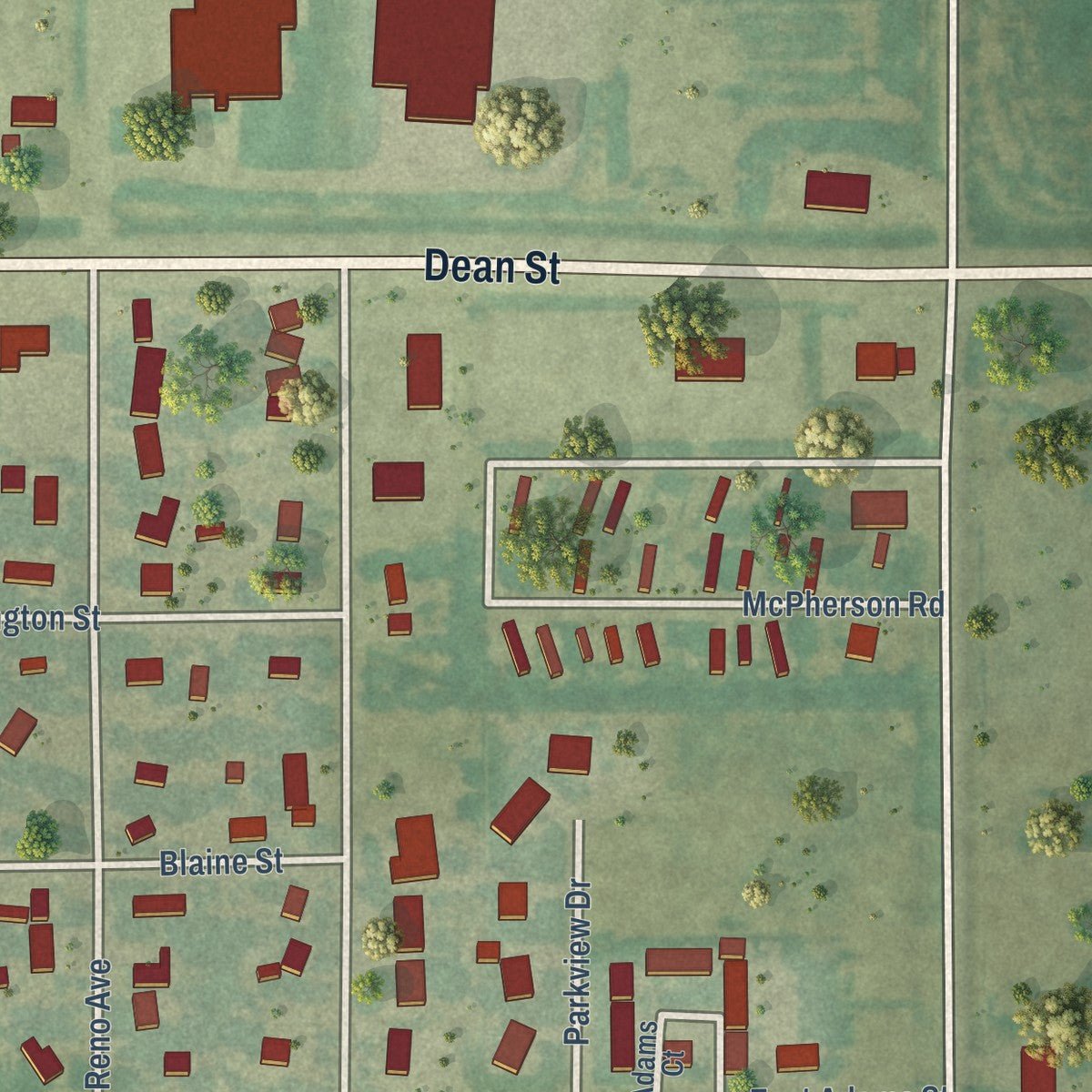 Second close-up of the map of Burrton, Kansas print showing more streets and buildings