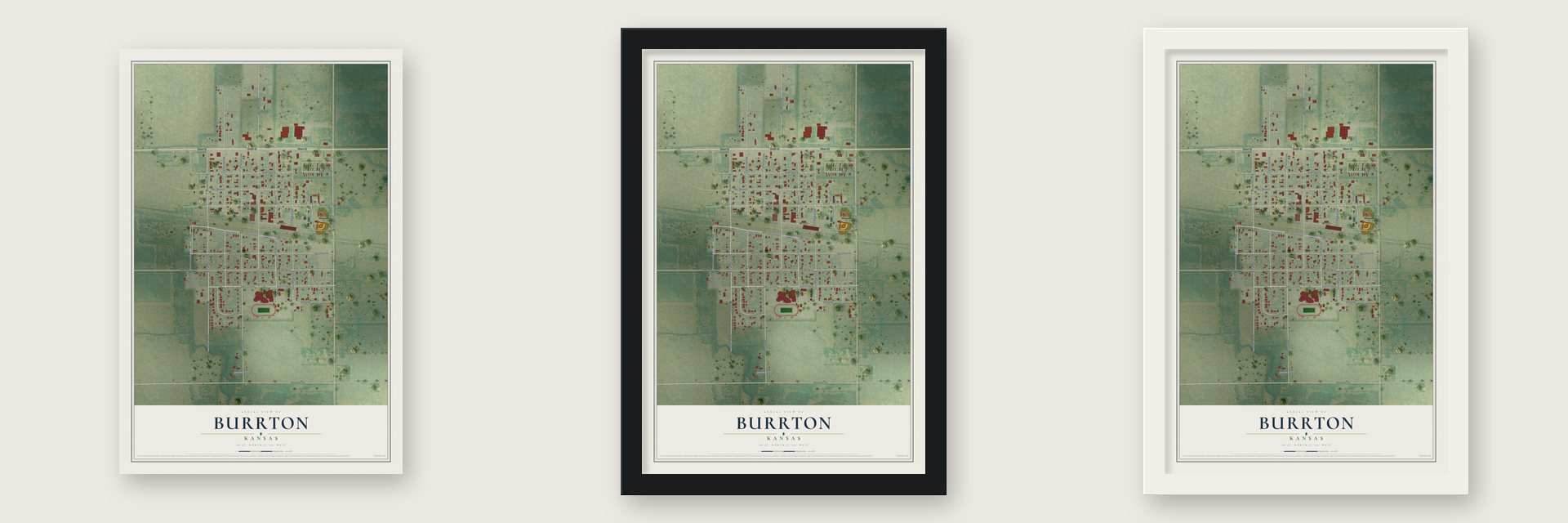 Burrton, Kansas map unframed, in a black wood frame and in a white wood frame