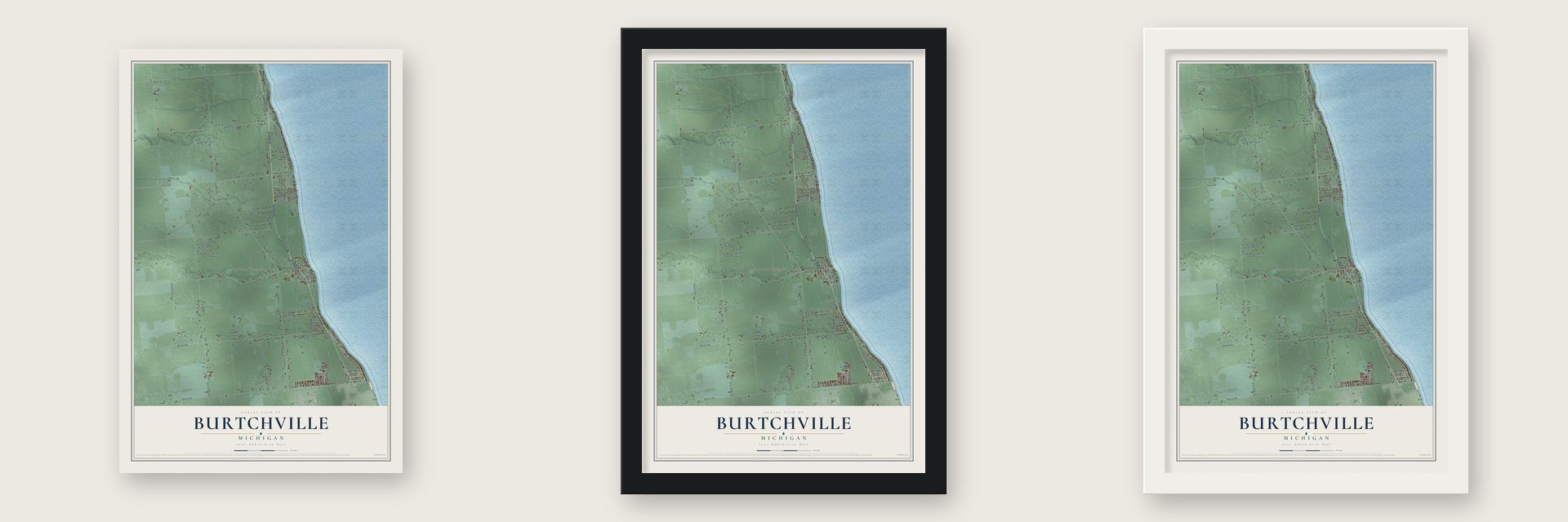 Burtchville, Michigan map unframed, in a black wood frame and in a white wood frame