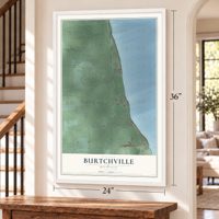 Burtchville, Michigan map, 24 x 36 inch print in a white frame by a staircase