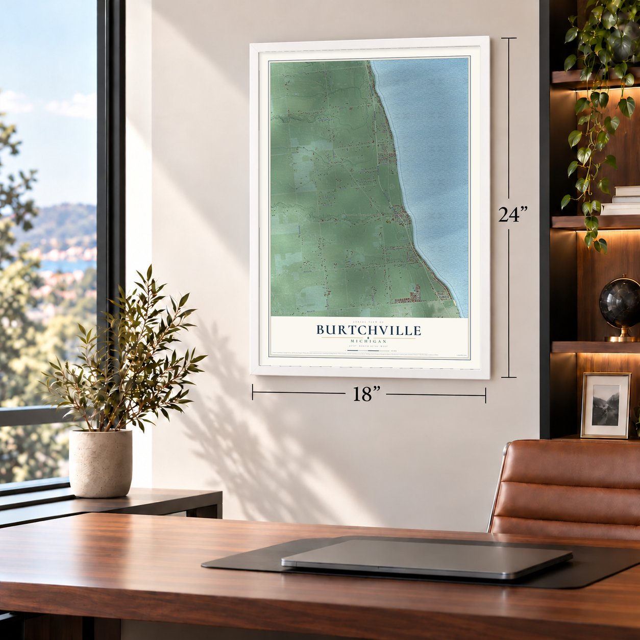 Burtchville, Michigan map, 18 x 24 inch print in a white frame in a home office