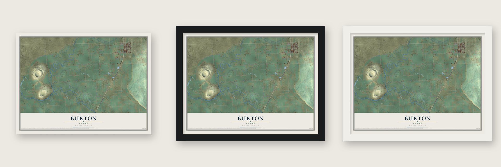 Burton, Idaho map unframed, in a black wood frame and in a white wood frame