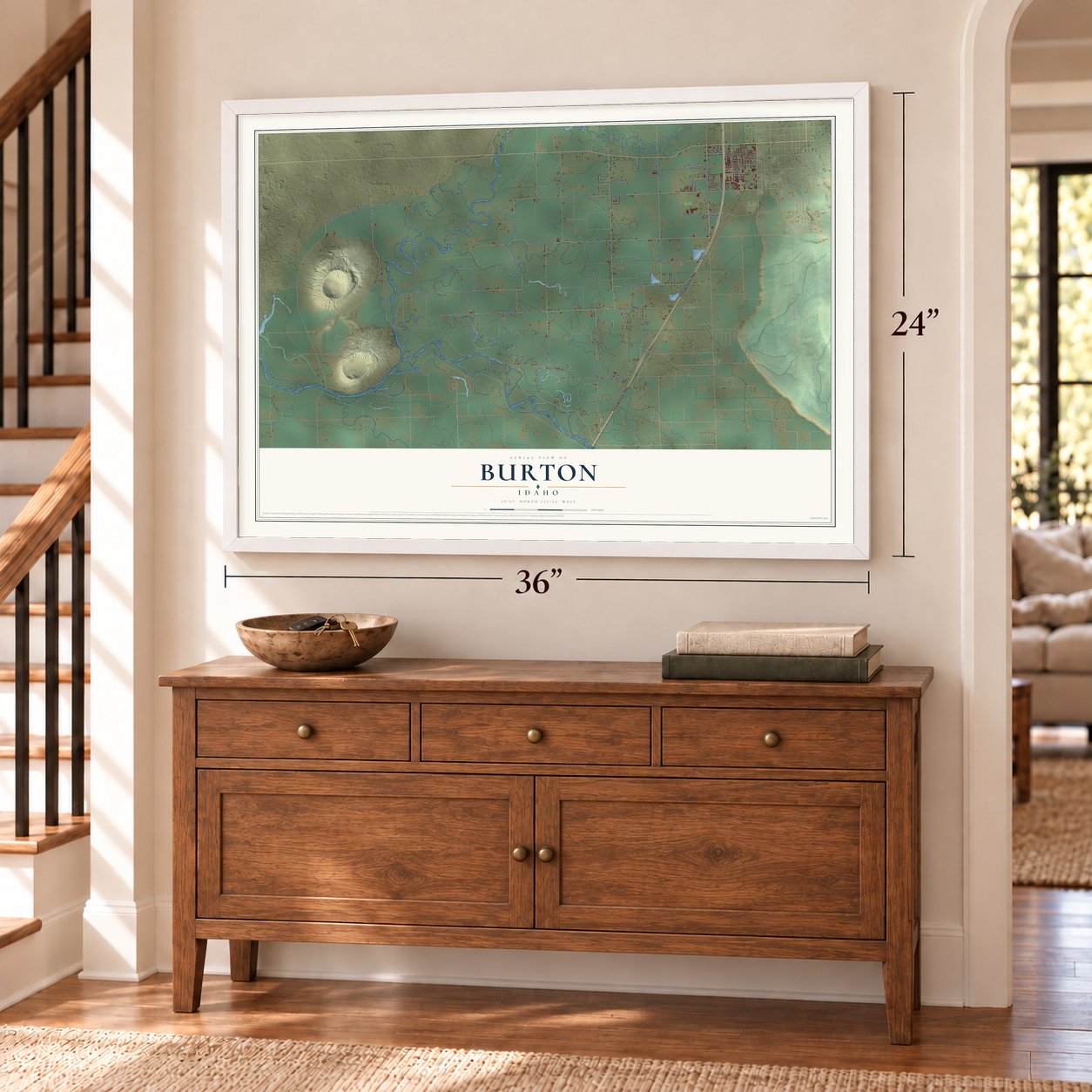 Burton, Idaho map, 24 x 36 inch print in a white frame above a dresser by a staircase