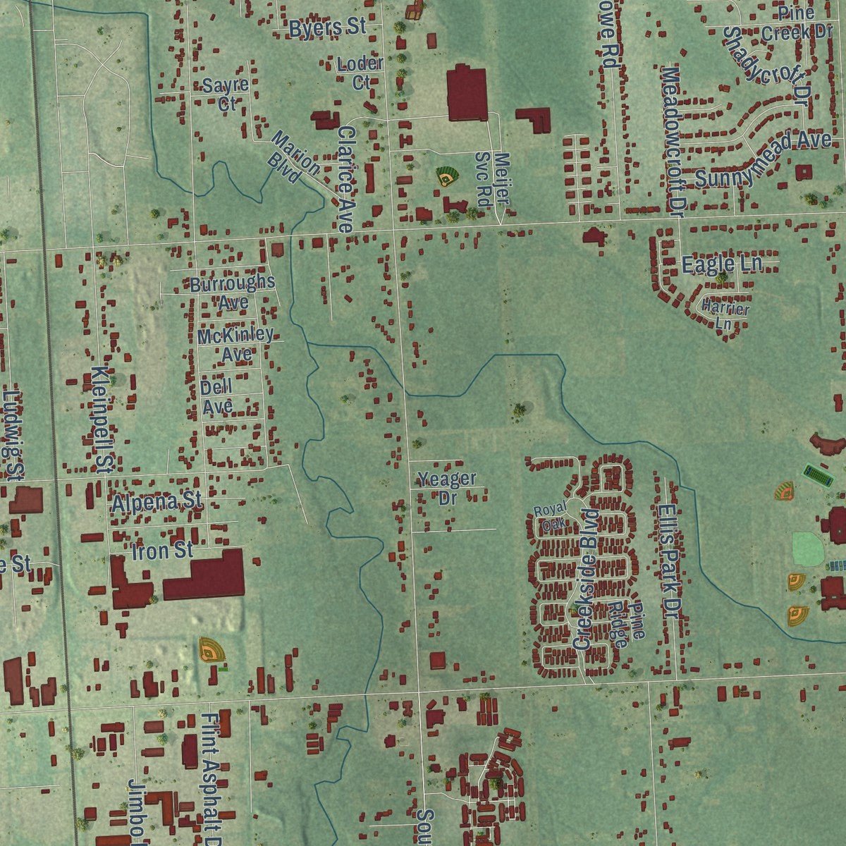 Second close-up of the map of Burton, Michigan print showing more streets and buildings
