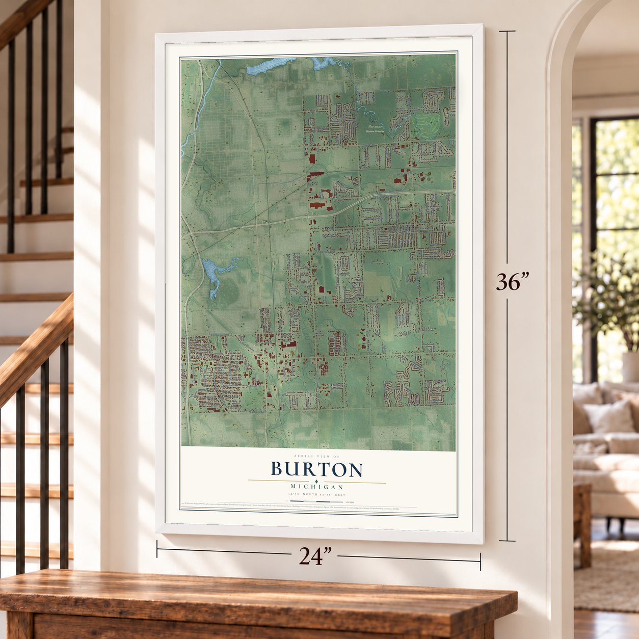 Burton, Michigan map, 24 x 36 inch print in a white frame by a staircase