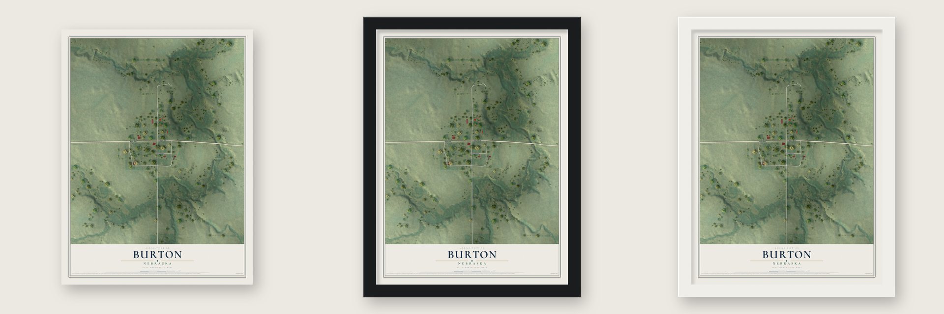 Burton, Nebraska map unframed, in a black wood frame and in a white wood frame