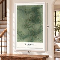 Burton, Nebraska map, 24 x 36 inch print in a white frame by a staircase