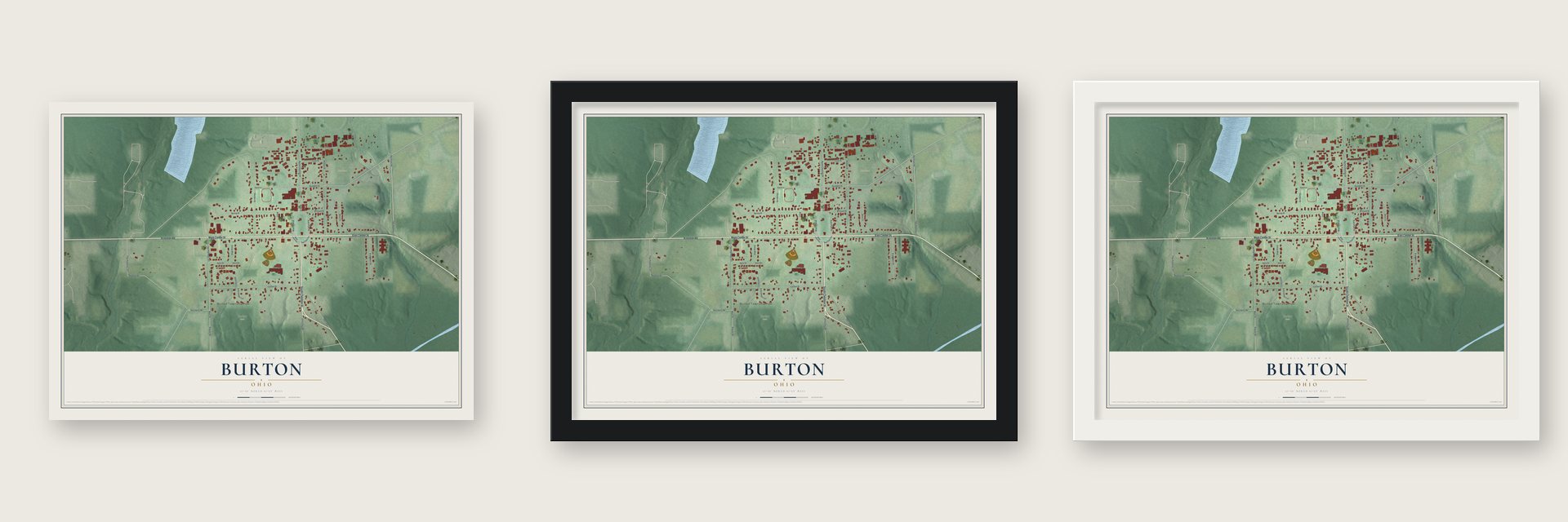 Burton, Ohio map unframed, in a black wood frame and in a white wood frame