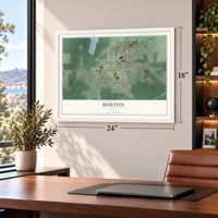 Burton, Ohio map, 18 x 24 inch print in a white frame in a home office
