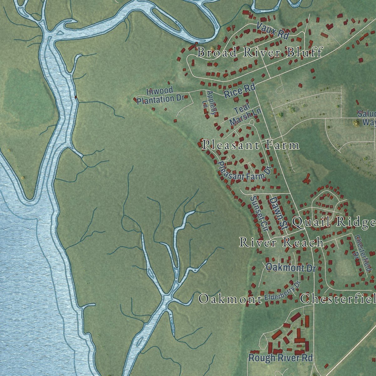 Second close-up of the map of Burton, South Carolina print showing more streets and buildings