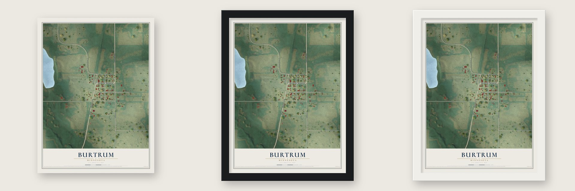 Burtrum, Minnesota map unframed, in a black wood frame and in a white wood frame