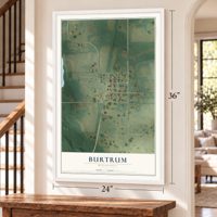 Burtrum, Minnesota map, 24 x 36 inch print in a white frame by a staircase