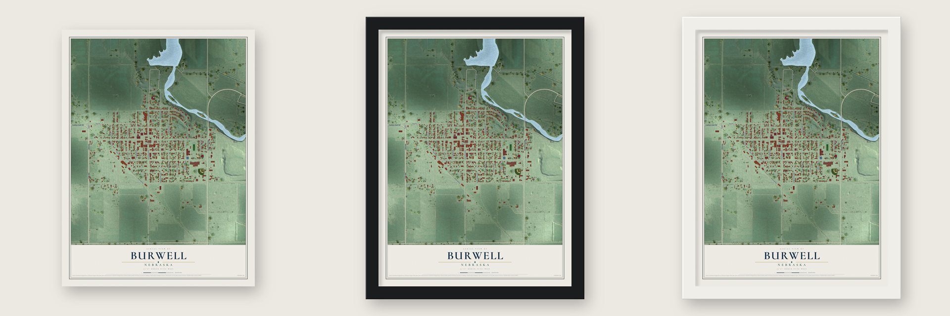 Burwell, Nebraska map unframed, in a black wood frame and in a white wood frame