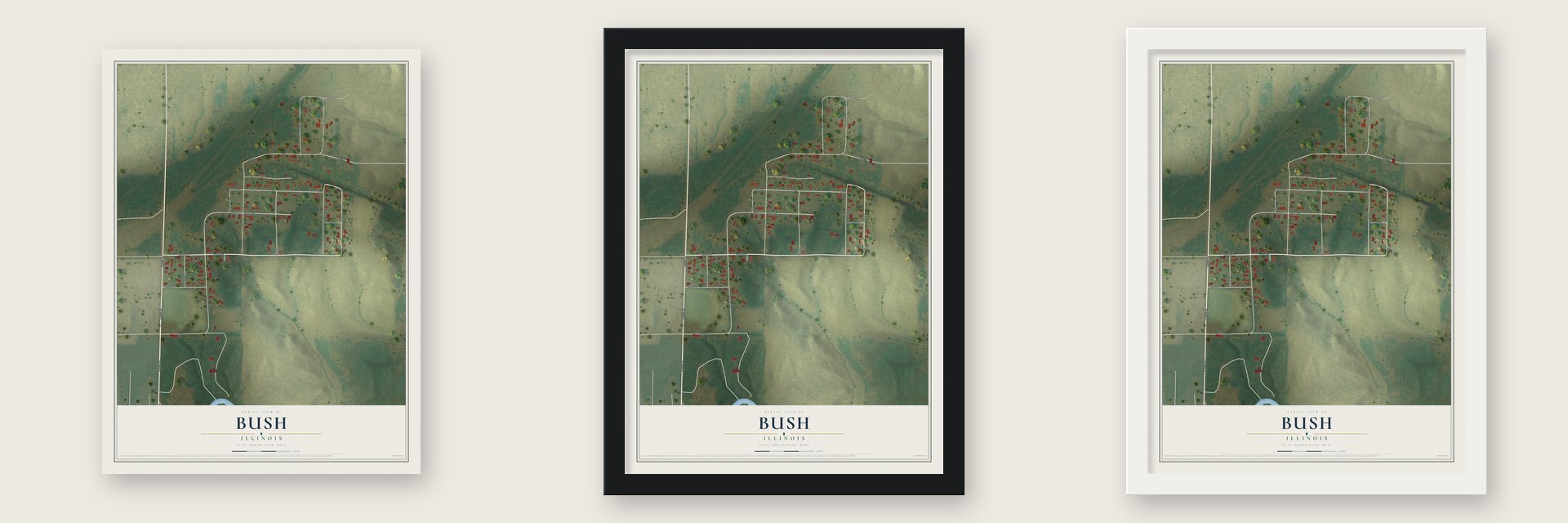 Bush, Illinois map unframed, in a black wood frame and in a white wood frame